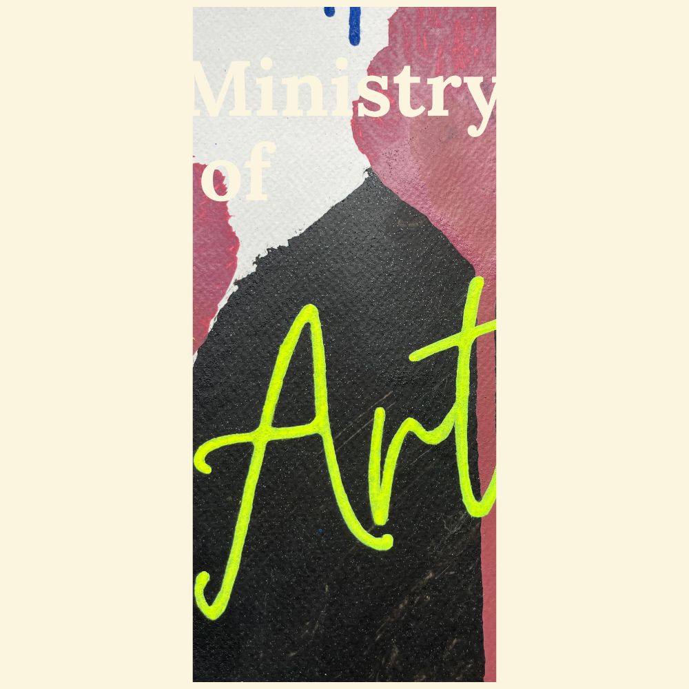 Mobile format design showing a closeup of the text: Art in a handwriting font, in neon yellow