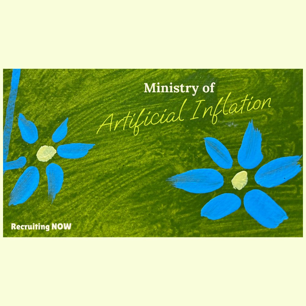 Laptop screen design with a green grassy feel, blue flowers, and text in cream serif and neon yellow handriting fonts