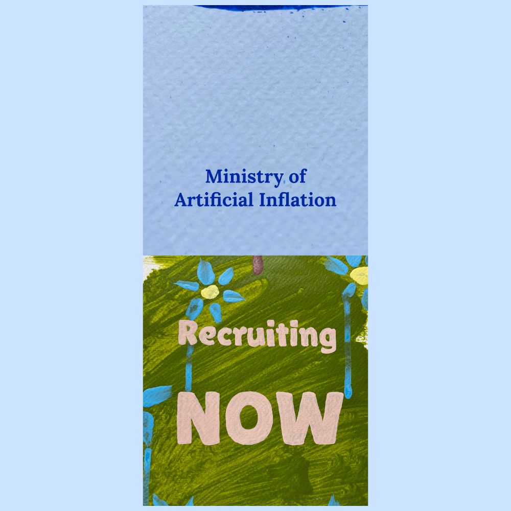 Mobile format design with a lowkey, drained feel, plain paper with blue serif text, and text Recruiting now in painted skintone lettering
